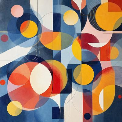 The primary subject of the image is a painting featuring a variety of circles and other shapes. The setting is a canvas, and the visual style is a mix of digital art and illustration. The dominant colors in the painting are red, blue, and yellow, creating a vibrant and lively atmosphere.